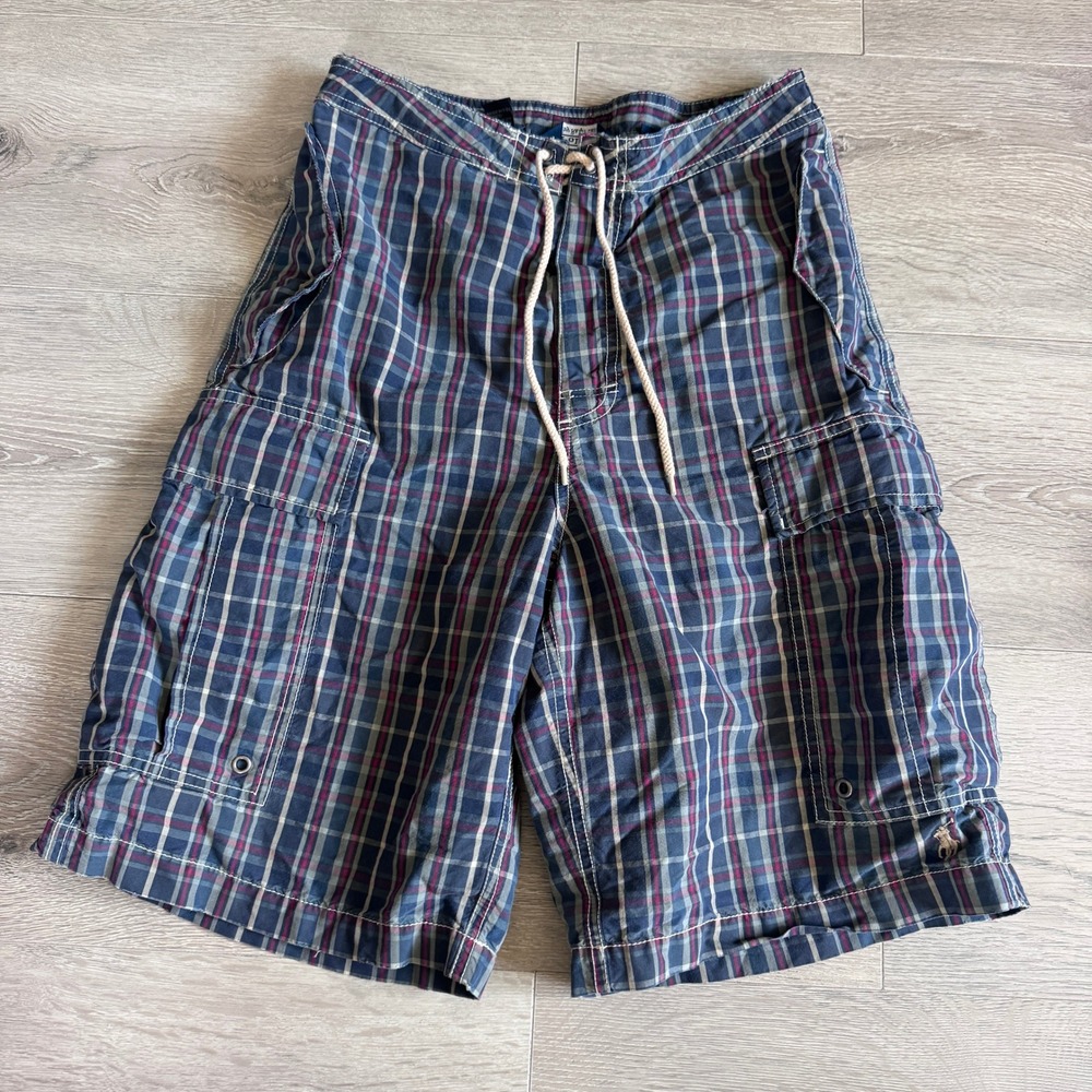 Y2K Polo Ralph Lauren Plaid Cargo Board Shorts Mens 28 Navy Blue Red Swim Trunks
